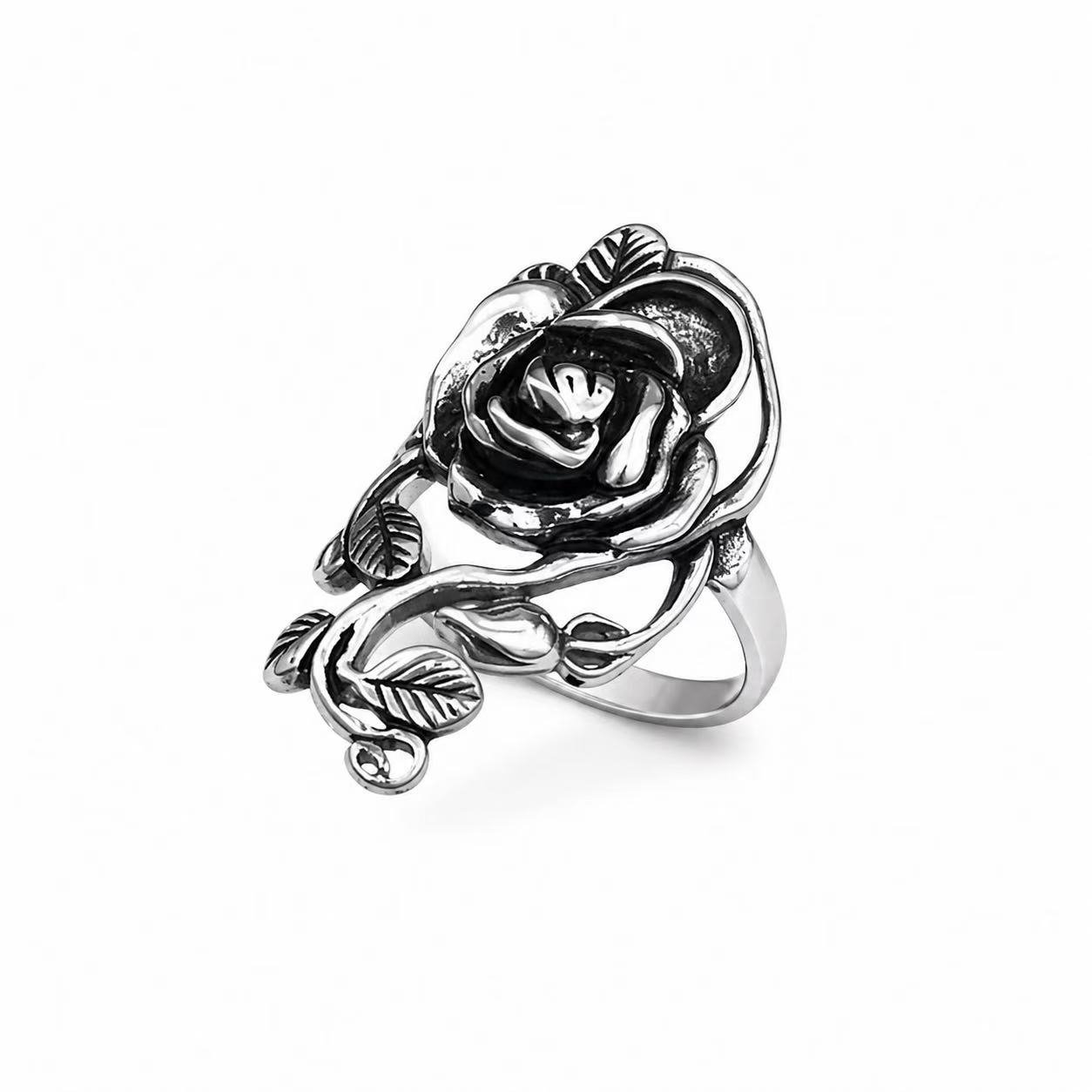 Rose Flower Stainless Steel Statement Ring Wholesale - front white background view