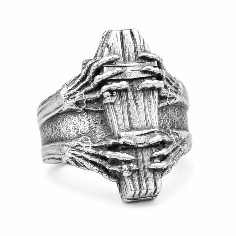 Skeleton Hands Coffin Stainless Steel Gothic Ring Wholesale - front white background view