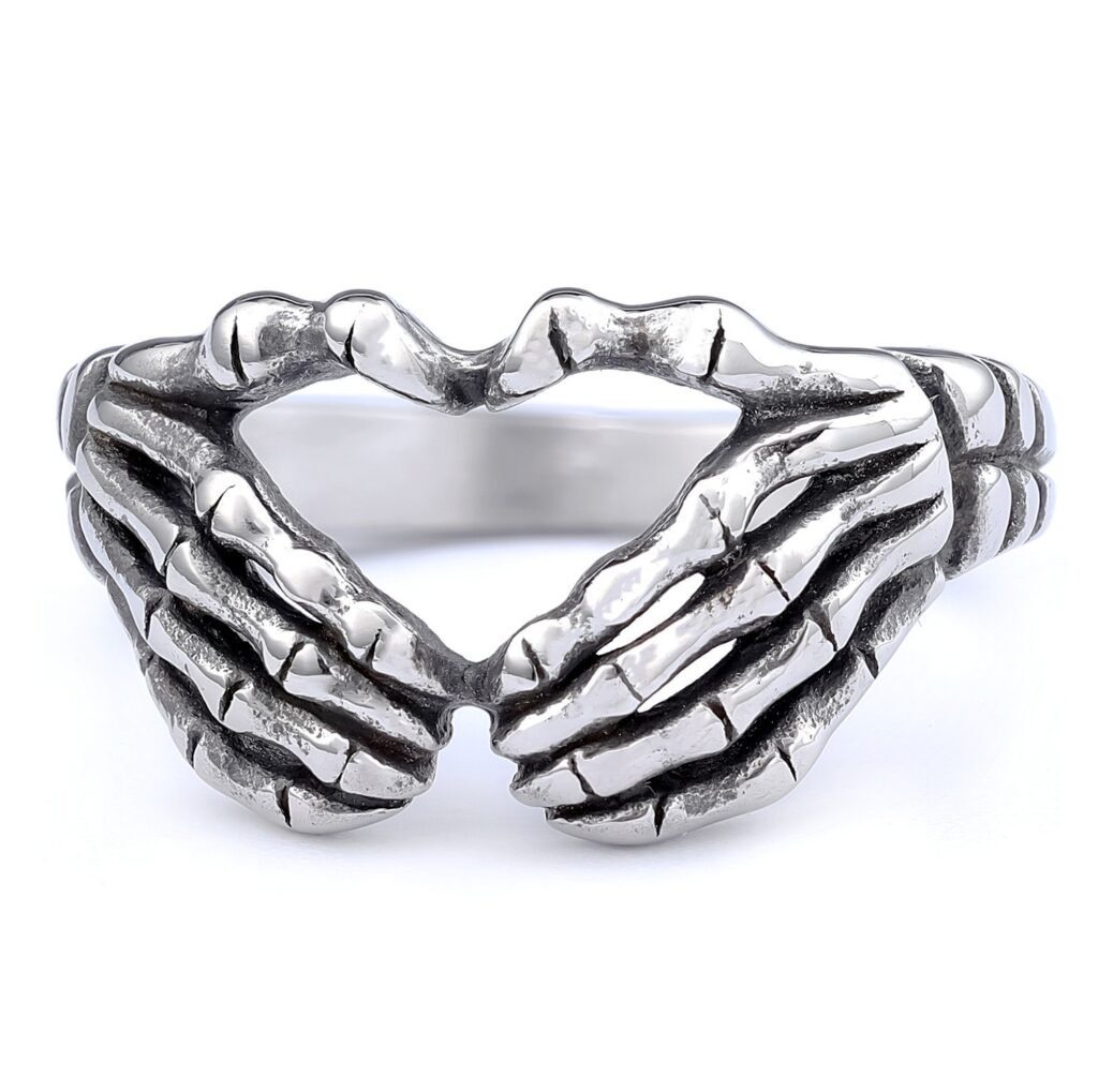 Skeleton Hands Heart Stainless Steel Gothic Ring Wholesale - front white background view