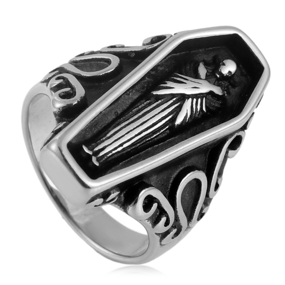 Gothic Coffin Figure Stainless Steel Ring Wholesale - left angled coffin panel view