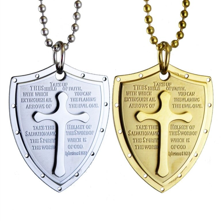 Armor of God Shield Cross Stainless Steel Pendant Wholesale - gold and silver front white background view