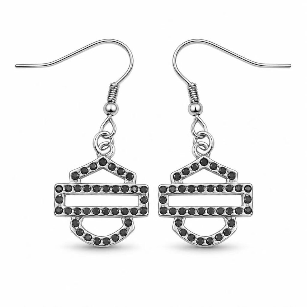 Black Stone Shield Stainless Steel Drop Earrings Wholesale - front white background view
