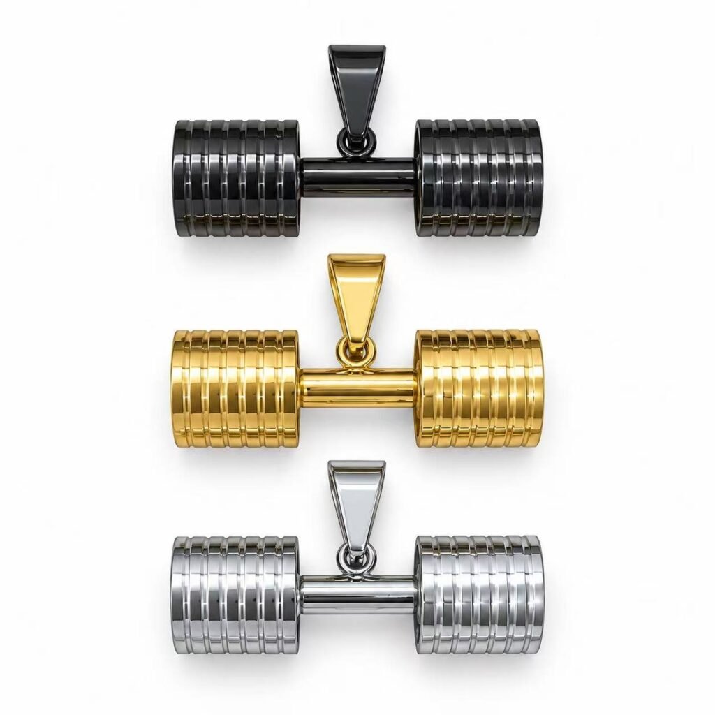 GO FIT Dumbbell Stainless Steel Gym Pendant Wholesale - gold silver and black white background overview