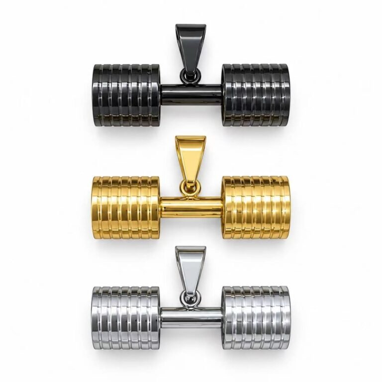GO FIT Dumbbell Stainless Steel Gym Pendant Wholesale - gold silver and black white background overview