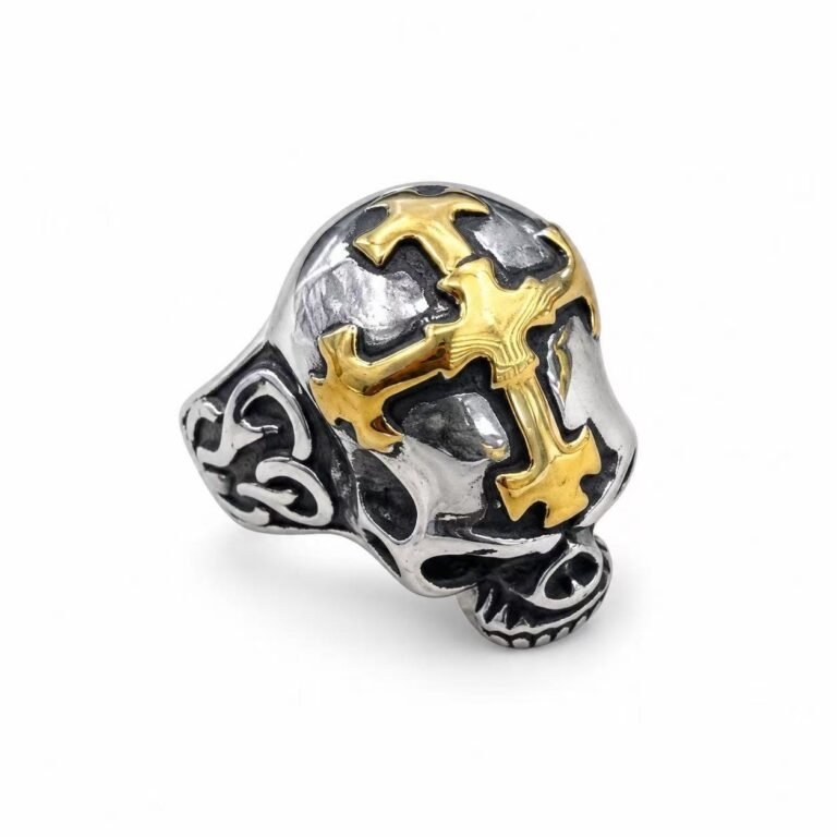 Gold Cross Skull Stainless Steel Biker Ring Wholesale - front white background view