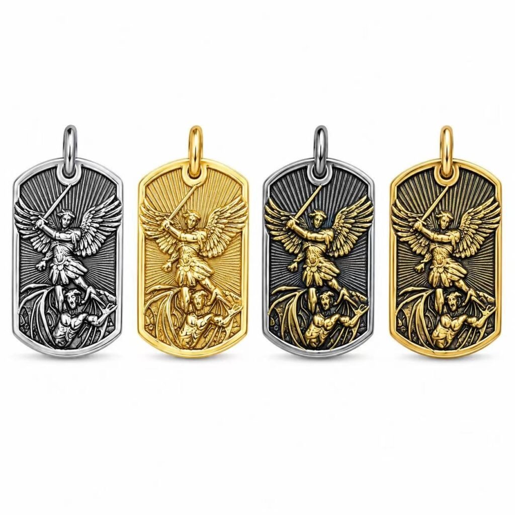 Saint Michael Protect Us Stainless Steel Dog Tag Pendant Wholesale - four finish front white background overview