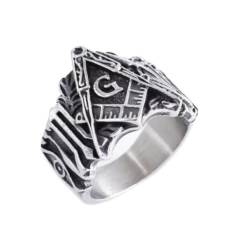Square and Compasses G 304 Stainless Steel Masonic Ring Wholesale - left angled white background view