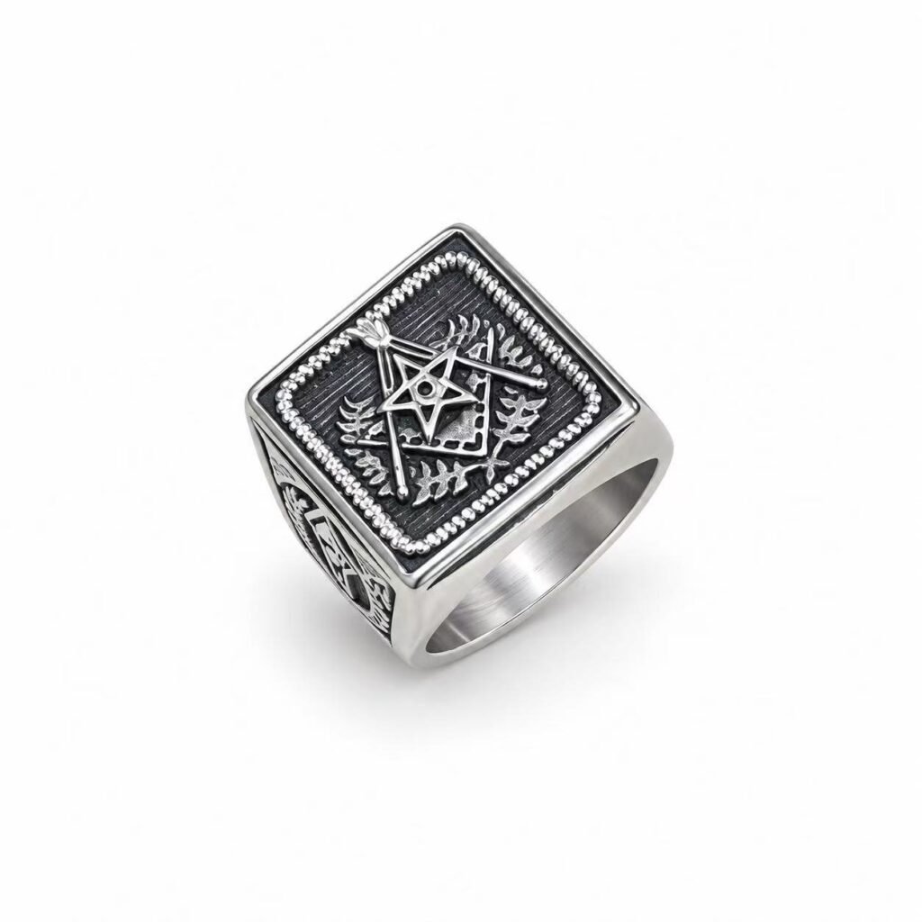 Square and Compasses G Stainless Steel Masonic Ring Wholesale - front white background view