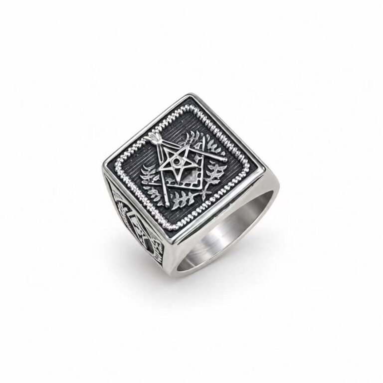 Square and Compasses G Stainless Steel Masonic Ring Wholesale - front white background view