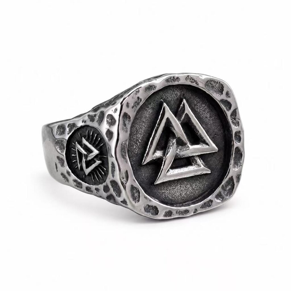 Valknut Viking Compass Stainless Steel Signet Ring Wholesale - left angled white background view