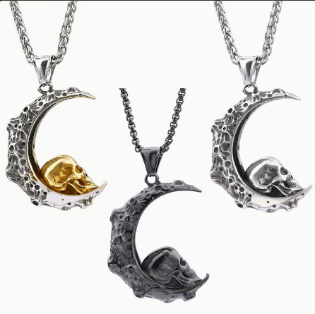 Crescent Moon Skull Stainless Steel Gothic Pendant Wholesale - three finish white background overview