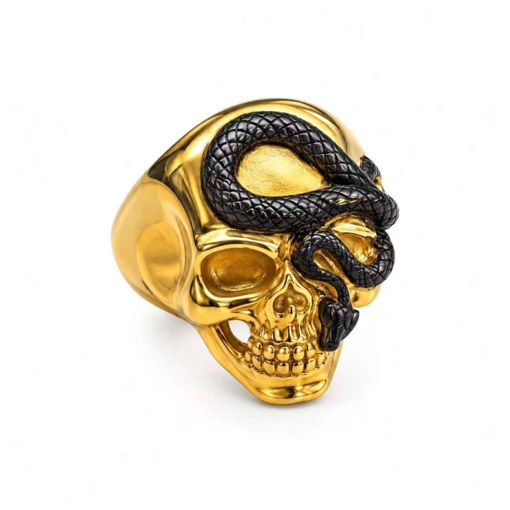 Snake Skull Gold PVD Stainless Steel Biker Ring Wholesale - front white background view