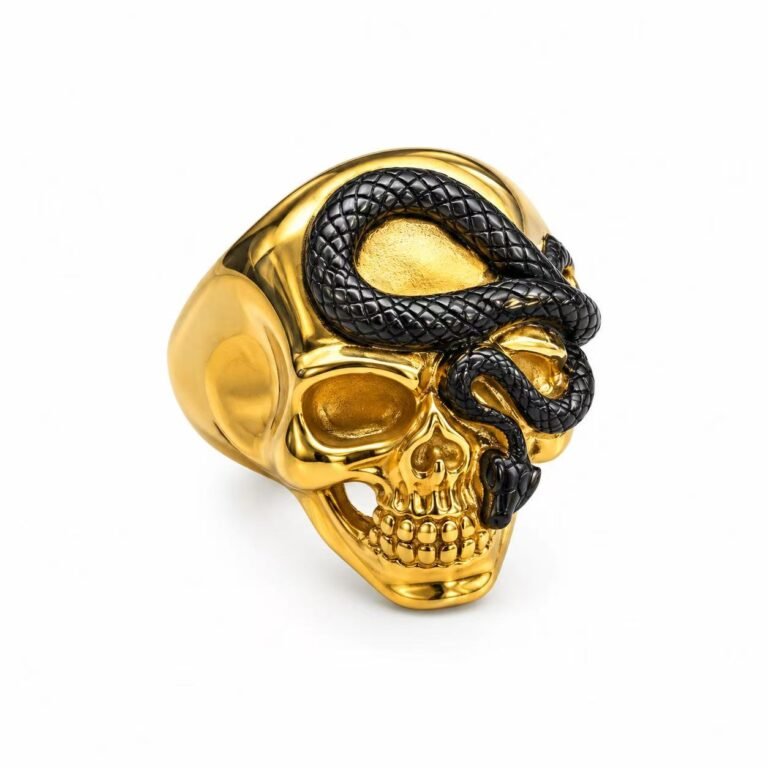 Snake Skull Gold PVD Stainless Steel Biker Ring Wholesale - front white background view