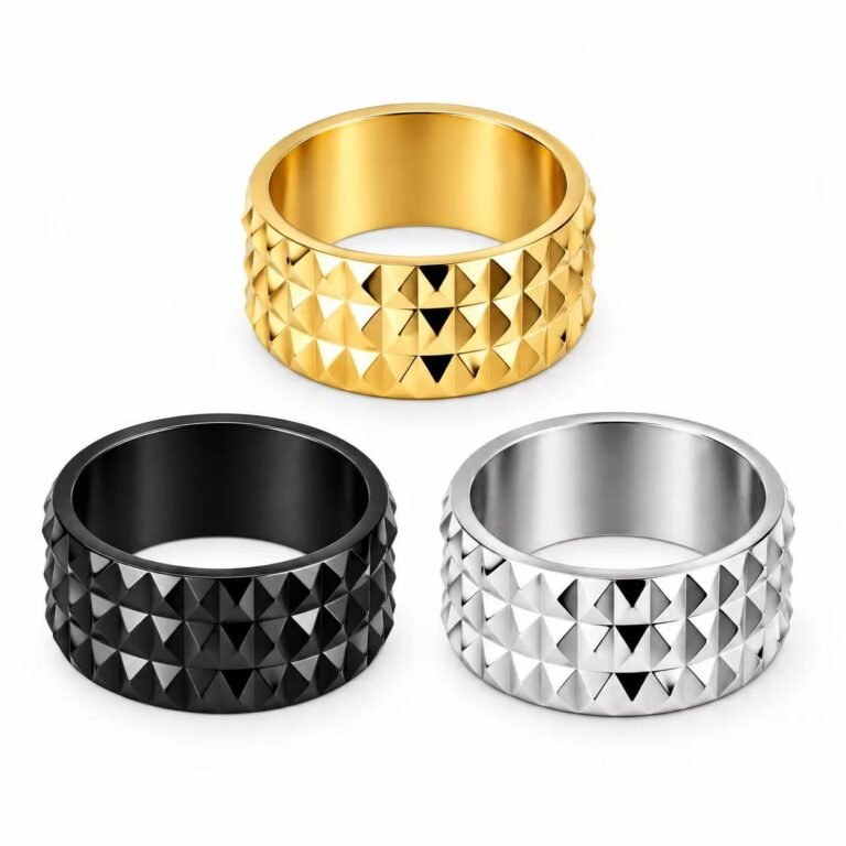 Pyramid Stud Stainless Steel Band Ring Wholesale - gold silver and black overview