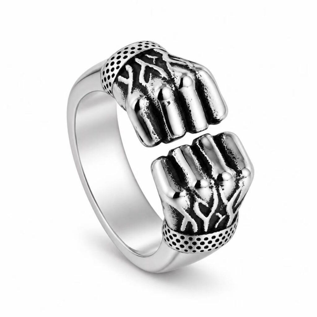 Double Fist Flame Stainless Steel Statement Ring Wholesale - front white background view