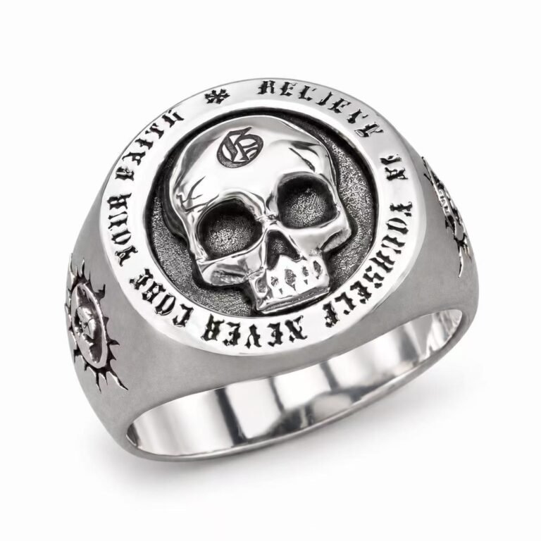 Believe in Yourself Skull Stainless Steel Signet Ring Wholesale - front white background view and engraved wording