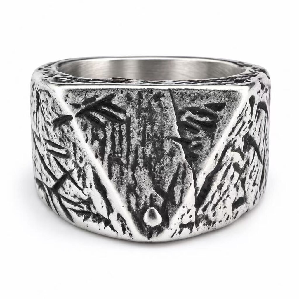 Antique Textured Triangle Stainless Steel Signet Ring Wholesale - front white background view