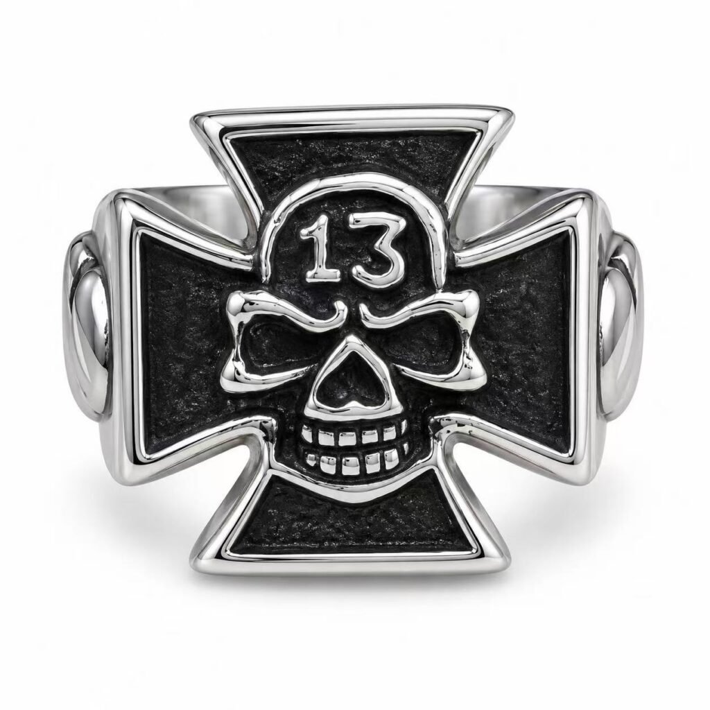 Number 13 Skull Iron Cross Stainless Steel Biker Ring Wholesale - front white background view