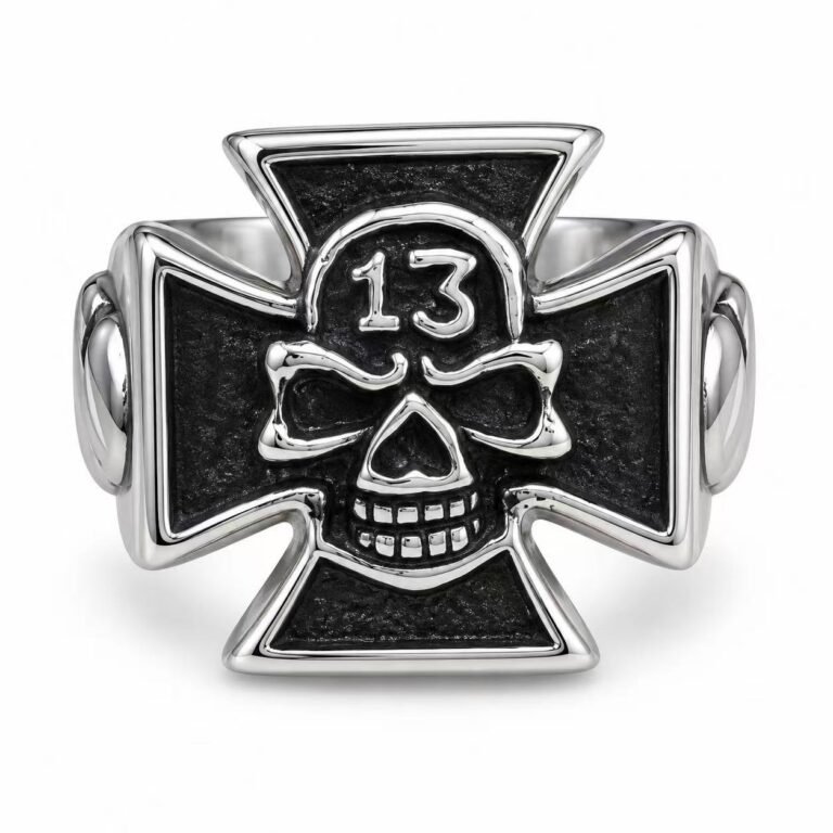 Number 13 Skull Iron Cross Stainless Steel Biker Ring Wholesale - front white background view