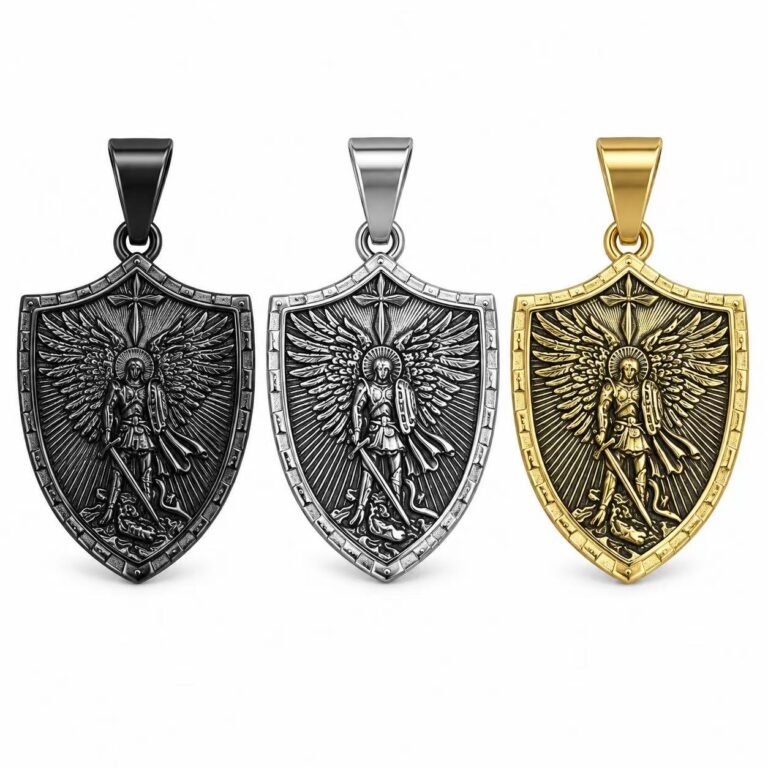 Saint Michael Archangel Shield Stainless Steel Pendant Wholesale - black silver and gold front views