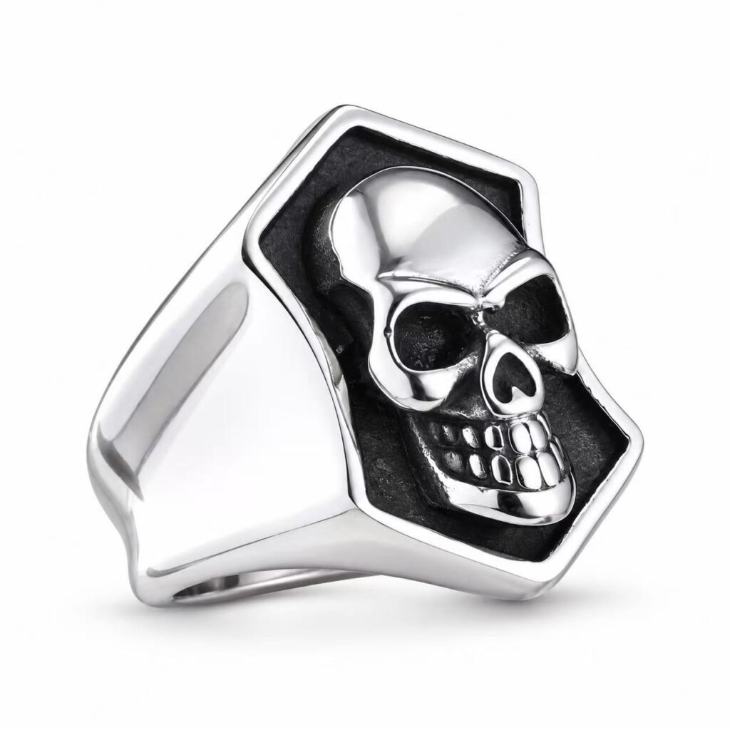 Polished Skull Stainless Steel Signet Ring Wholesale - front white background view