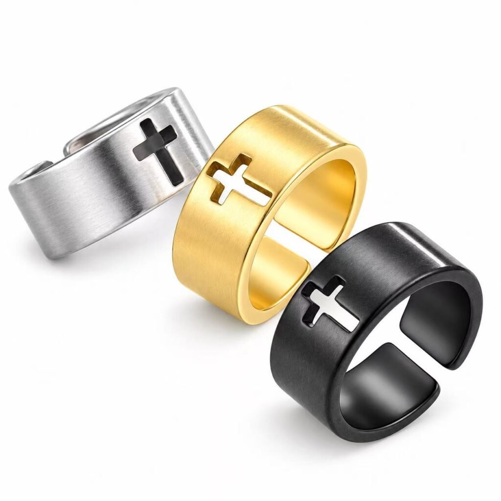 Minimalist Cutout Cross Stainless Steel Open Band Ring Wholesale - gold silver and black overview