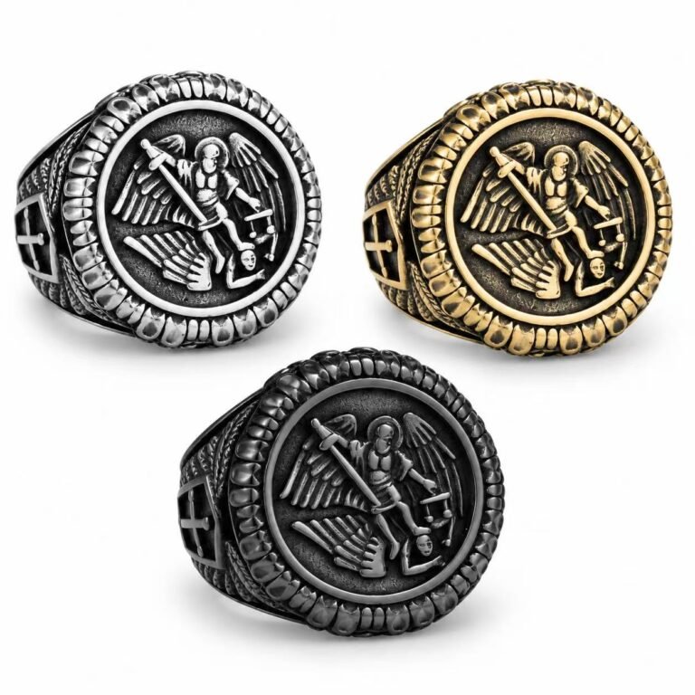 Saint Michael Archangel Stainless Steel Signet Ring Wholesale - gold silver and black overview
