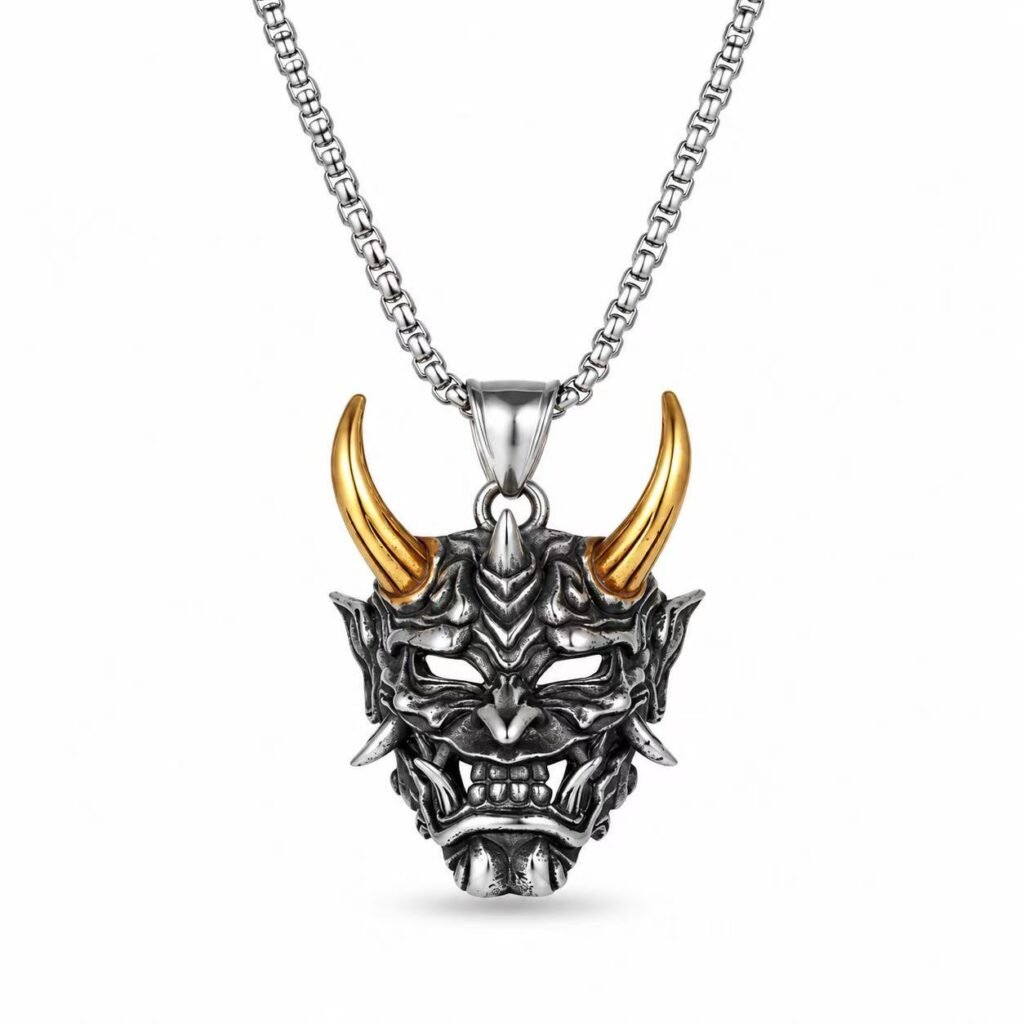 Japanese Hannya Mask Stainless Steel Pendant Wholesale - two-tone Hannya mask front white background view