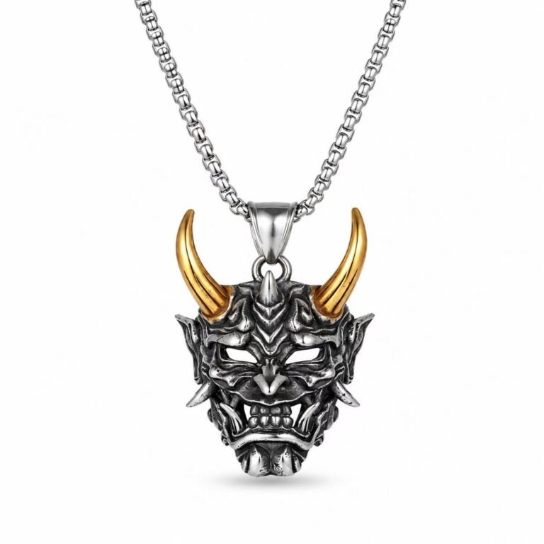 Japanese Hannya Mask Stainless Steel Pendant Wholesale - two-tone Hannya mask front white background view